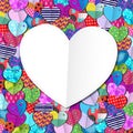 Festival of fabric hearts with various designs framing a greeting card Royalty Free Stock Photo