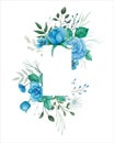 Watercolor flowers frame arrangement for wedding invitation with blue roses, buds and green leaves Royalty Free Stock Photo