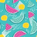 Fruits seamless pattern watermelonslice and citron on turquoise backgound