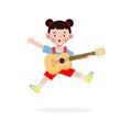 Cute kid jumping playing guitar, happy children boy playing the guitar. Musical performance. isolated vector Illustration Royalty Free Stock Photo