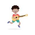 Cute kid jumping playing guitar, happy children boy playing the guitar. Musical performance. isolated vector Illustration Royalty Free Stock Photo