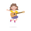 Cute kid jumping playing guitar, happy children boy playing the guitar. Musical performance. isolated vector Illustration Royalty Free Stock Photo