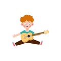 Cute kid jumping playing guitar, happy children boy playing the guitar. Musical performance. isolated vector Illustration Royalty Free Stock Photo