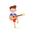 Cute kid jumping playing guitar, happy children boy playing the guitar. Musical performance. isolated vector Illustration Royalty Free Stock Photo