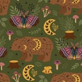 seamless pattern magic forest with moth and bear