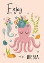 Beautiful marine poster with octopus, sea horse