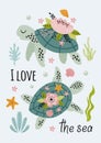 Beautiful marine poster with turtles