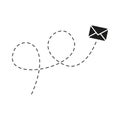 Envelope with line dotted route. Flying mail symbol. Sending message linear sign.