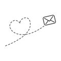 Envelope with line dotted route in heart shape. Flying mail symbol. Royalty Free Stock Photo