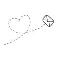 Envelope with line dotted route in heart shape. Flying mail symbol.