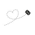 Envelope with line dotted route in heart shape. Flying mail symbol.