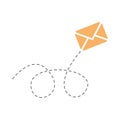 Envelope with line dotted route. Flying mail symbol. Sending message linear sign.