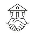 Handshake and bank building line icon. Financial agreement concept. Royalty Free Stock Photo