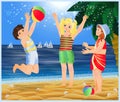 Summer time card. Little childern playing ball on the beach