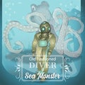 Old Fashioned Diver and Giant Sea Monster Octopus Vector Illustration Royalty Free Stock Photo