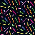 Cute colorful crayons, pencils and erasers seamless pattern on black background. Royalty Free Stock Photo