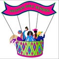 Vacation Bible School Illustration in bright colors.  Kids in Air-balloon type banner Royalty Free Stock Photo