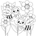 Bees flying around flowers. Vector black and white coloring page