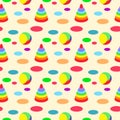 Colorful seamless pattern baby toys with pyramids and balls for fabrics or wrapping paper. Royalty Free Stock Photo