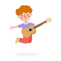 Cute kid jumping playing guitar, happy children playing the guitar. Musical performance. isolated vector Illustration on white bac Royalty Free Stock Photo