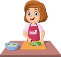 Cartoon chef girl cutting cucumber with board and knife