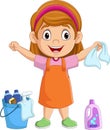 Cartoon little girl with bucket and clean-up tools