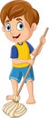 Cartoon little boy mopping the floor