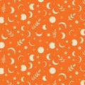 Beautiful boho moon phases seamless pattern with leaves and stars in white on orange background. Royalty Free Stock Photo