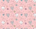 Seamless pattern with white and gray fun kittens and multicolored yarn balls. Royalty Free Stock Photo