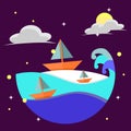 llustration of Boat on the sea, night, stars, moon and clouds Royalty Free Stock Photo