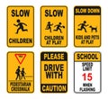 illustration set of school zone street or pedestrian area. pedestrians yellow signs Royalty Free Stock Photo
