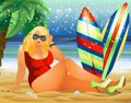 Plus size sexual woman with surfboards on the beach, summer time card