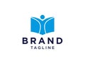 Education Logo. BlueShape Open Book Icon with Negative Space People Symbol inside isolated on White Background. Flat Vector Logo D Royalty Free Stock Photo