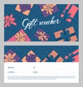 Gift voucher template with hand-drawn gift boxes with bow ribbons. Royalty Free Stock Photo