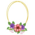 Ellips frame golden on watercolor flowers Royalty Free Stock Photo