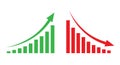 Graph going Up and Down sign with green and red arrows vector. Flat design vector illustration concept of sales bar chart symbol. Royalty Free Stock Photo