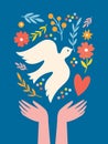 World peace poster. Dove of peace , flowers, heart, symbols of peace