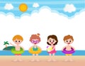 Hello summer banner template of Cute kids and rubber ring on the beach. children cartoon floating on inflatable in the ocean Royalty Free Stock Photo
