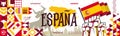 Spain national day design for EspaÃÂ±a or Espana with Spanish flag, map, bull and red yellow theme. Madrid skyline.