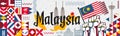 Malaysia National day or Hari Merdeka banner with Malaysian flag and map.