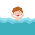 Cute kid drowning in water, is shocked. children raising hand up for needing help isolated on background cartoon flat vector