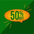 50 percent off. Ballon yellow discount banner on green background