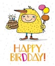 Happy birthday greeting card with boy in canary bird costume