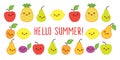 Hello summer. Banner with funny fruits. Hand drawn cute pineapple, apple, pear, plum, apricot, lemon Royalty Free Stock Photo