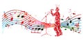 Man with microphone made of musical notes. Red musical notes singer performer with stave vector illustration design for live conc