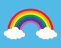 Colorful Rainbow with white clouds and blue sky Vector Illustration. Colorful Rainbow icon. Rainbow arc shape, half circle, cloud. Royalty Free Stock Photo