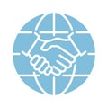 Handshake and globe silhouette icon. World partnership blue linear symbol.