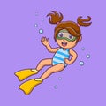 Cartoon little girl scuba diver, Cute cartoon girl diving in summer, vector cartoon illustration