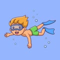 Cartoon little boy scuba diver, Cute cartoon boy diving in summer , vector cartoon illustration