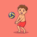 Cartoon smilling boy playing beach volleyball, Cute cartoon kid at summer party, vector cartoon illustration Royalty Free Stock Photo